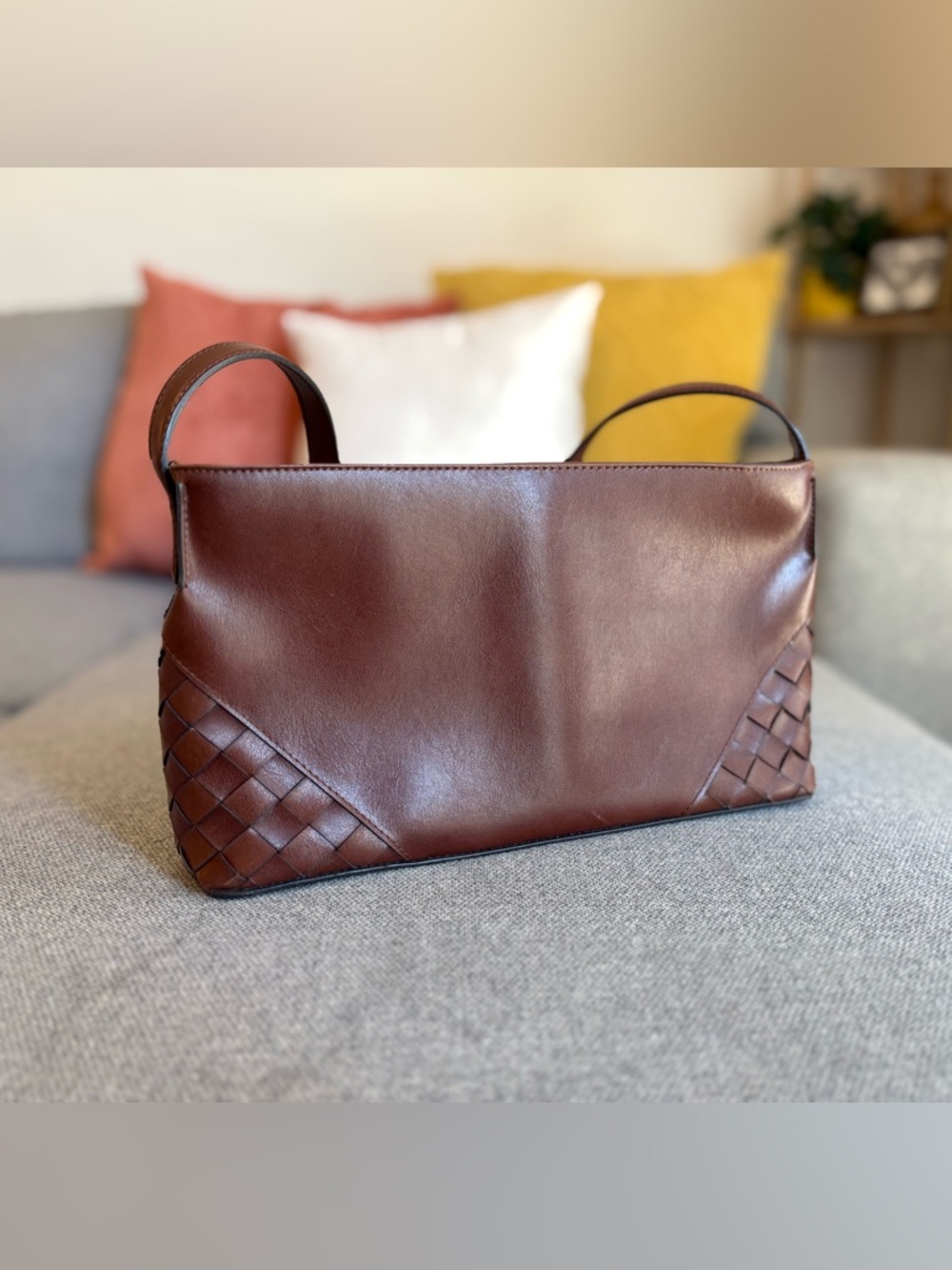 Nine West Brown Faux Leather Woven Shoulder  Bag